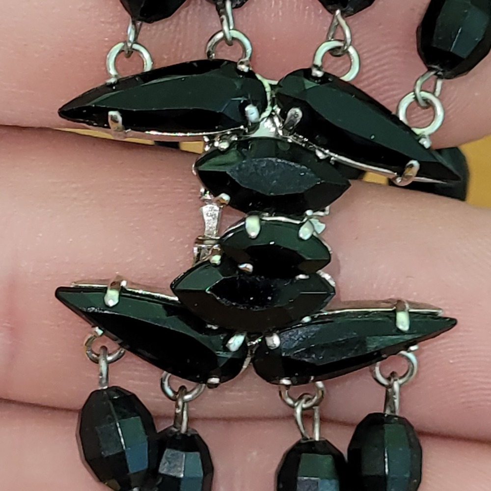 Vintage Black Glass Bead Marquise Rhinestone Fringe Stretch Bracelet 23g